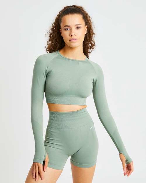 AYBL Balance V2 Seamless Long Sleeve Crop Top Olivgrün Grün | 08351-AYCR