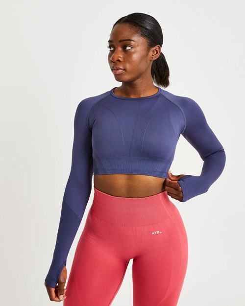 AYBL Balance V2 Seamless Long Sleeve Crop Top Navy Blau | 26705-YBDX