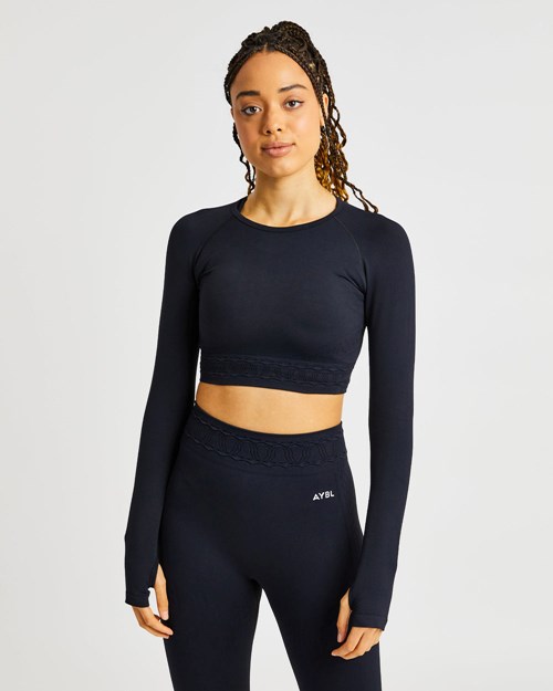 AYBL Elevate Seamless Long Sleeve Crop Top Schwarz | 76148-WDIZ