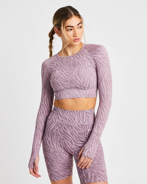 AYBL Evolve Animal Seamless Long Sleeve Crop Top Mauve Lilac | 06543-JRZB