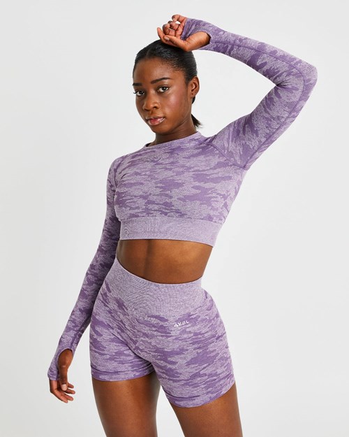 AYBL Evolve Camo Seamless Long Sleeve Crop Top Plum | 03748-DAGN