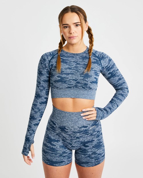 AYBL Evolve Camo Seamless Long Sleeve Crop Top Teal | 13678-DGRC