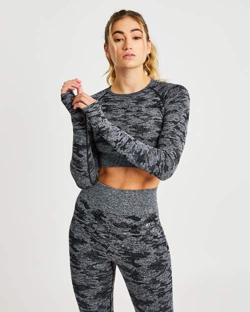 AYBL Evolve Camo Seamless Long Sleeve Crop Top Schwarz | 24817-YGRE