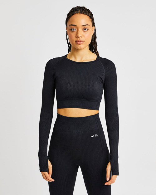 AYBL Luxe Seamless Long Sleeve Crop Top Schwarz | 01598-WDHC