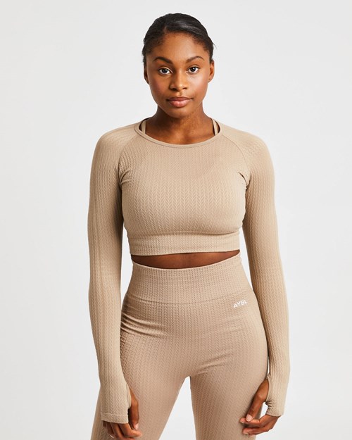 AYBL Luxe Seamless Long Sleeve Crop Top Mocha | 98743-JZKB