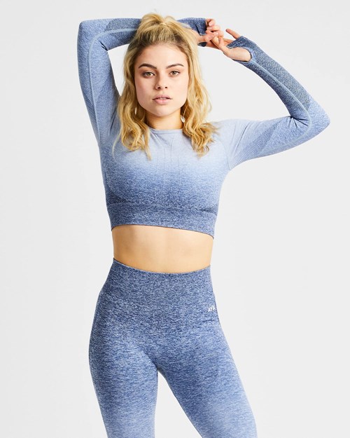 AYBL Pulse Ombré Seamless Long Sleeve Crop Top Navy | 40786-THJR