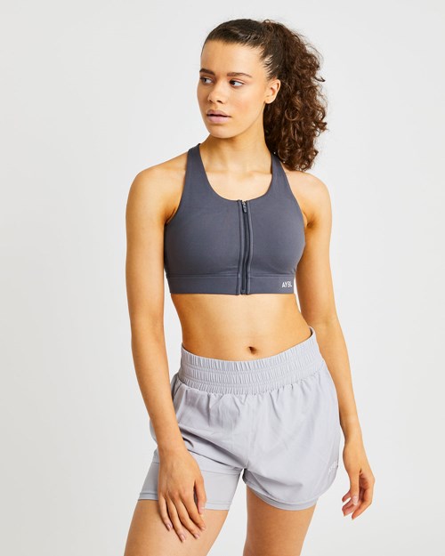 AYBL Sportive Zip Up Sports Bra Charcoal | 27496-NZDE