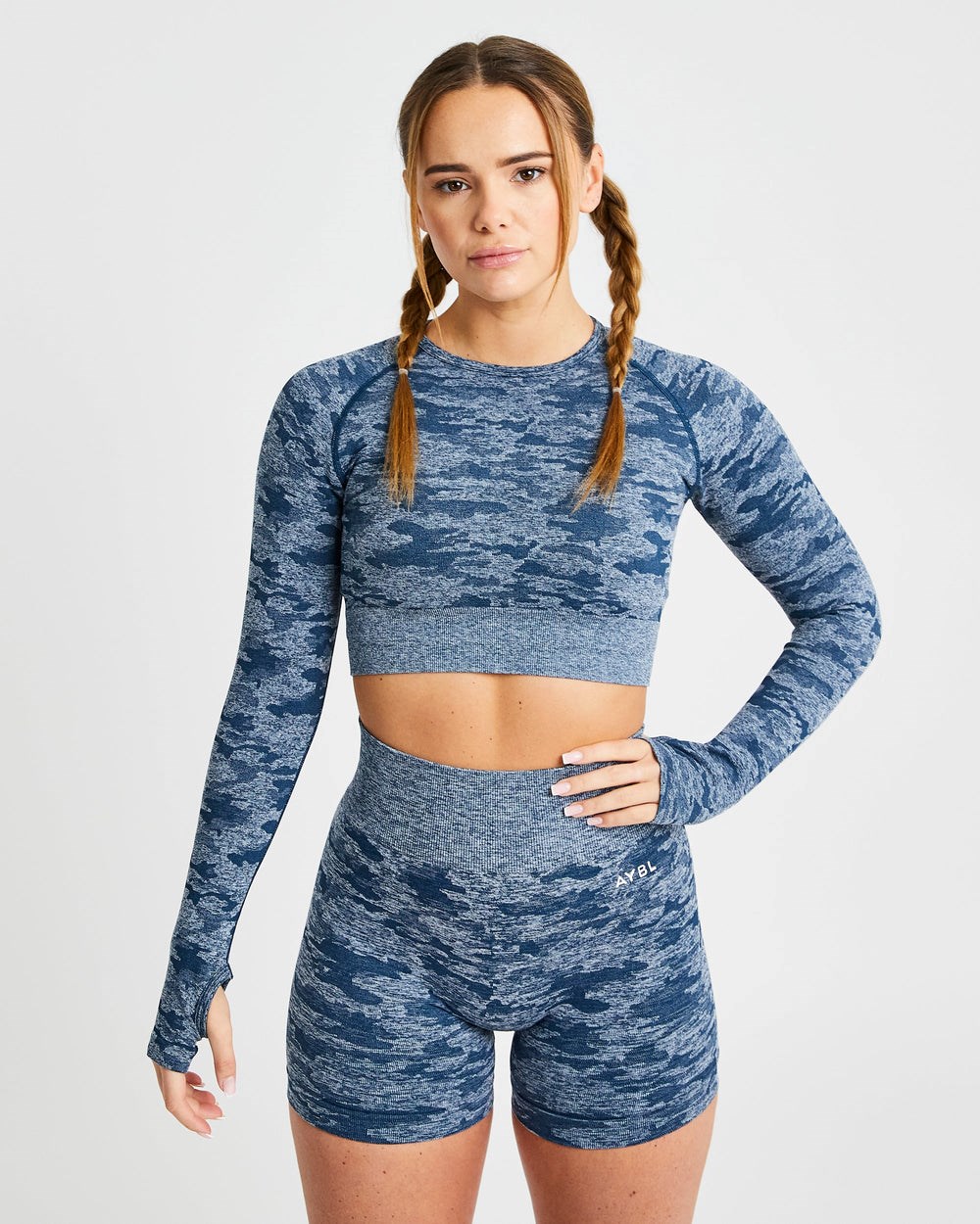 AYBL Evolve Camo Seamless Long Sleeve Crop Top Teal | 13678-DGRC