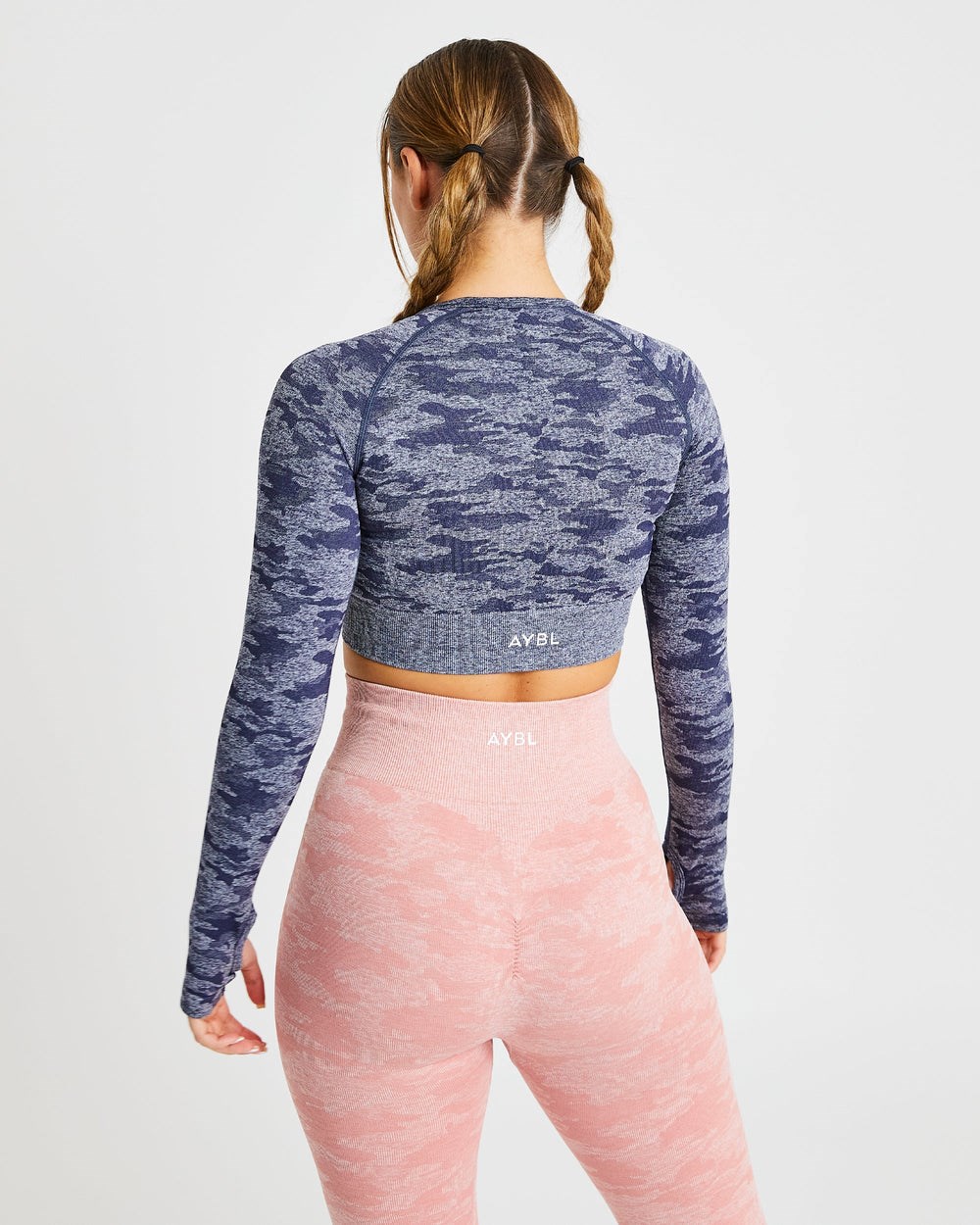 AYBL Evolve Camo Seamless Long Sleeve Crop Top Navy | 15760-OCZS