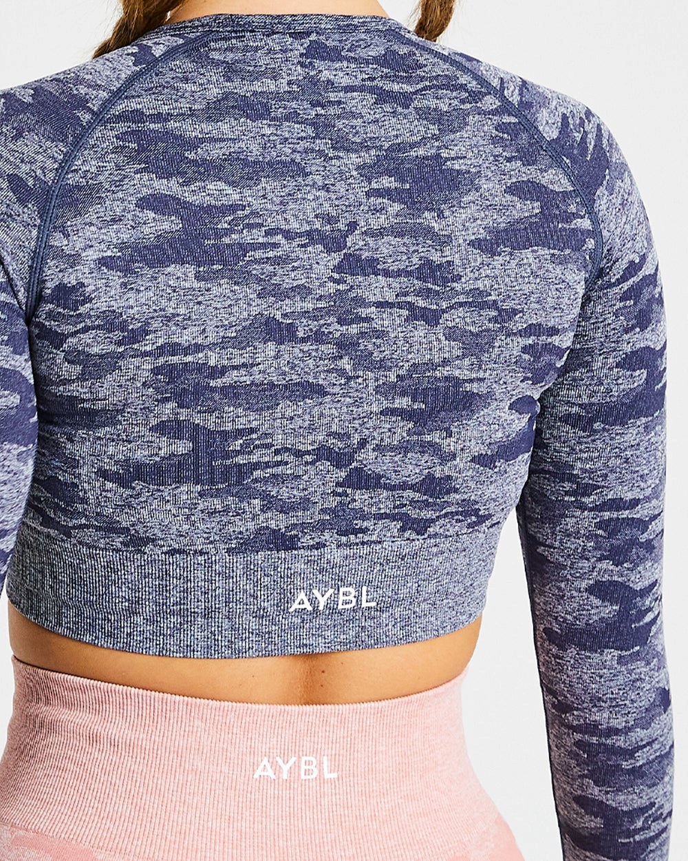 AYBL Evolve Camo Seamless Long Sleeve Crop Top Navy | 15760-OCZS