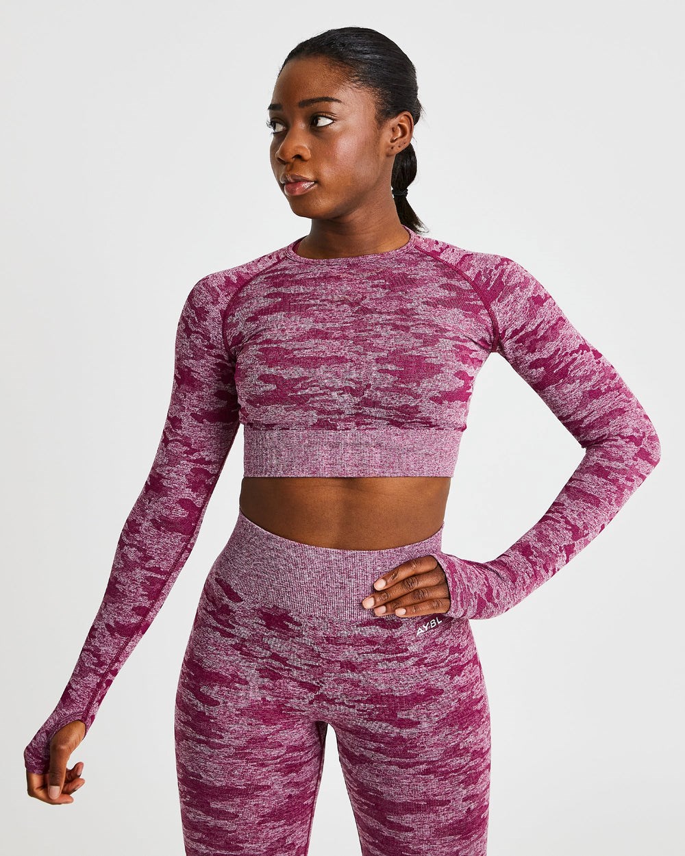 AYBL Evolve Camo Seamless Long Sleeve Crop Top Bordeaux | 49081-KQFD