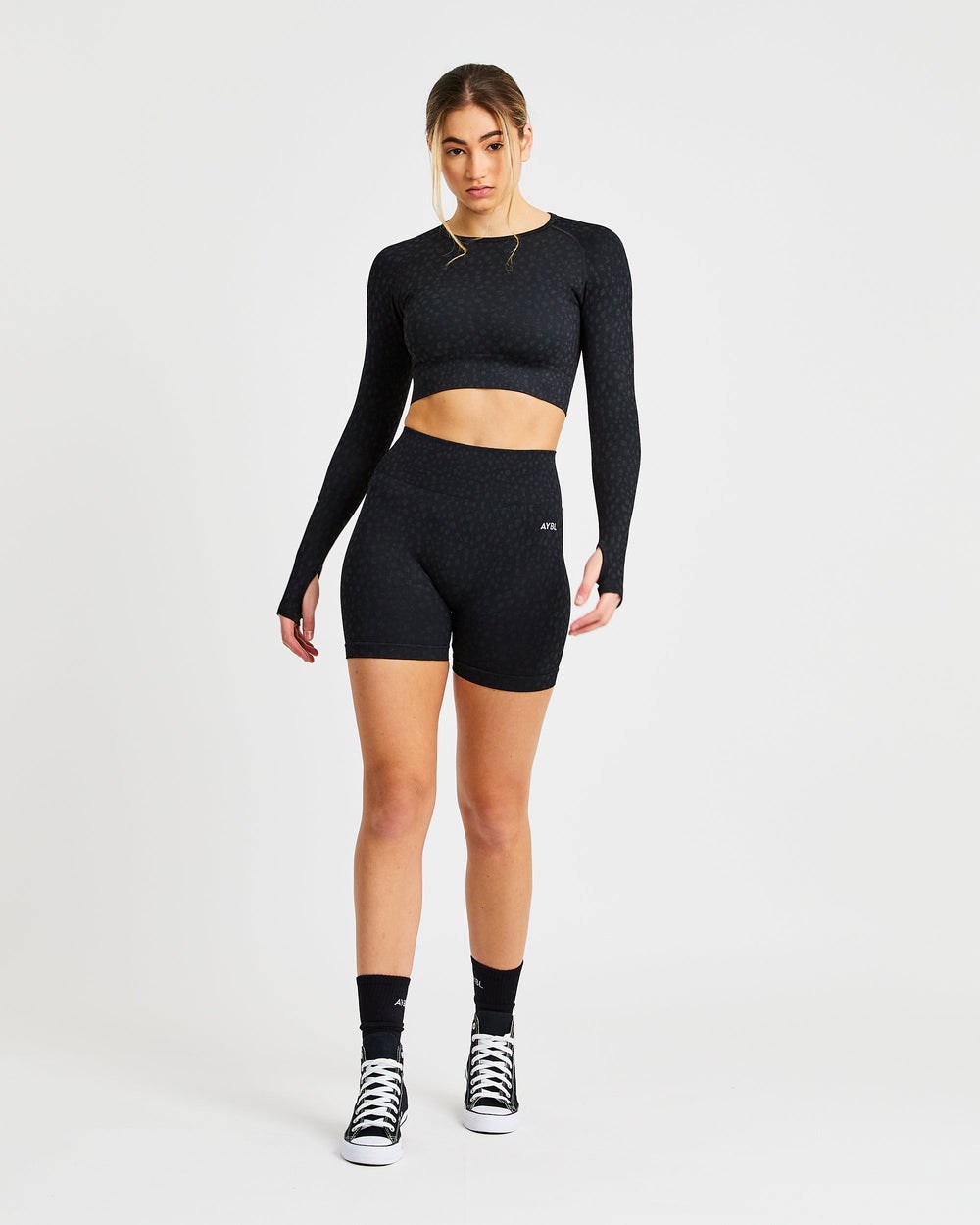 AYBL Evolve Speckle Seamless Long Sleeve Crop Top Schwarz | 20193-LYZE