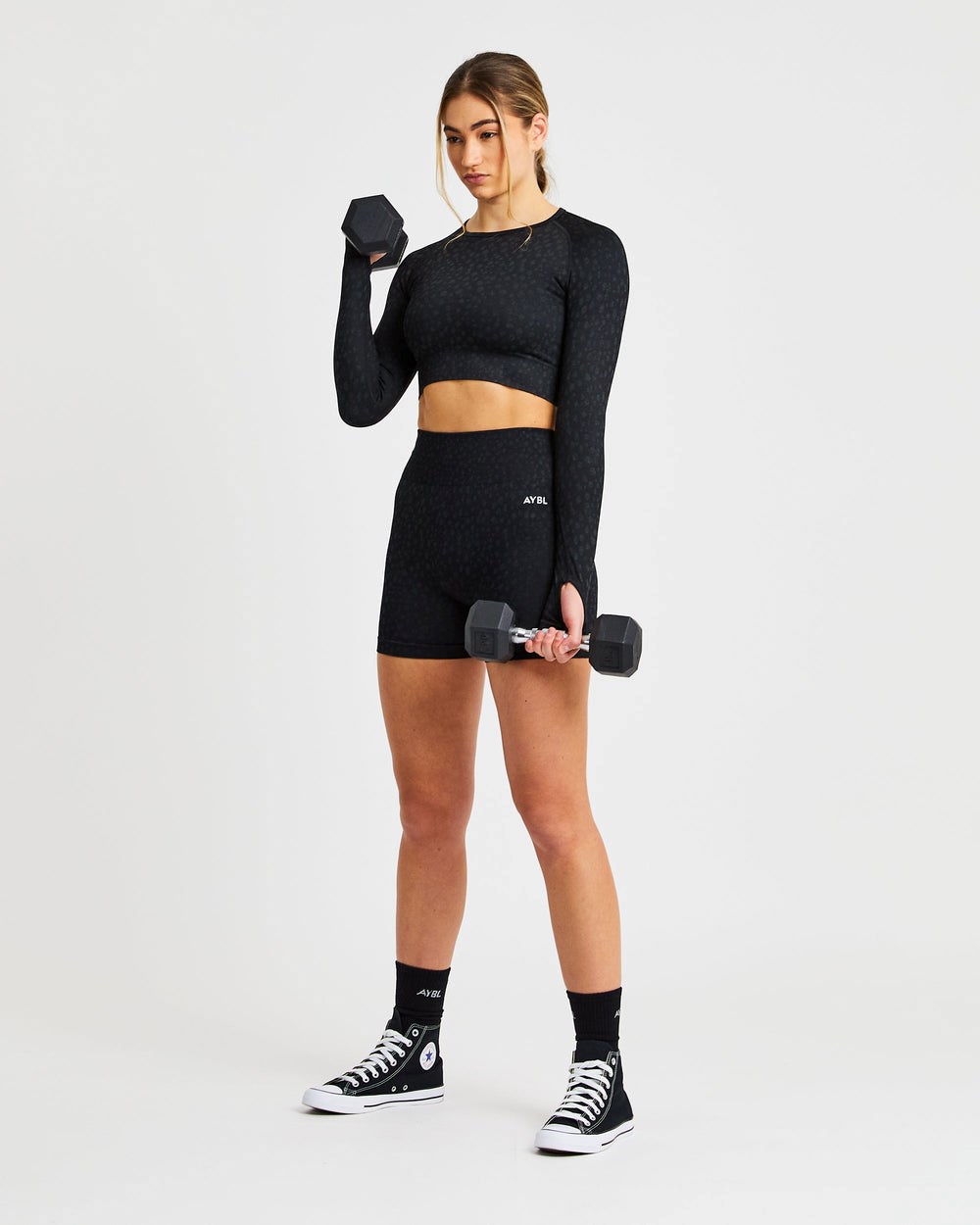 AYBL Evolve Speckle Seamless Long Sleeve Crop Top Schwarz | 20193-LYZE