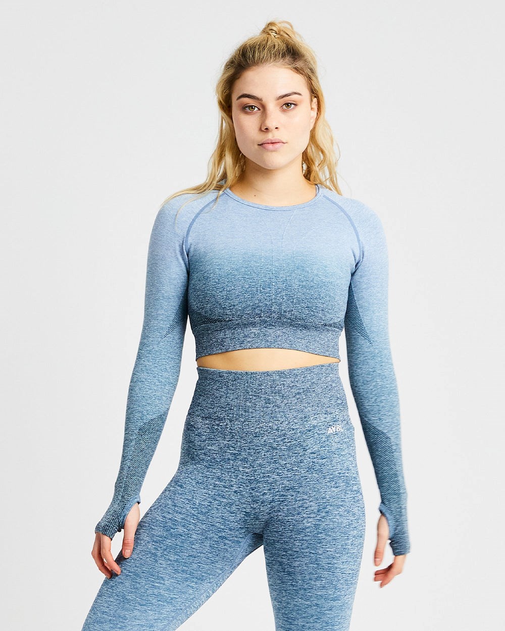 AYBL Pulse Ombré Seamless Long Sleeve Crop Top Teal | 56487-IBOZ